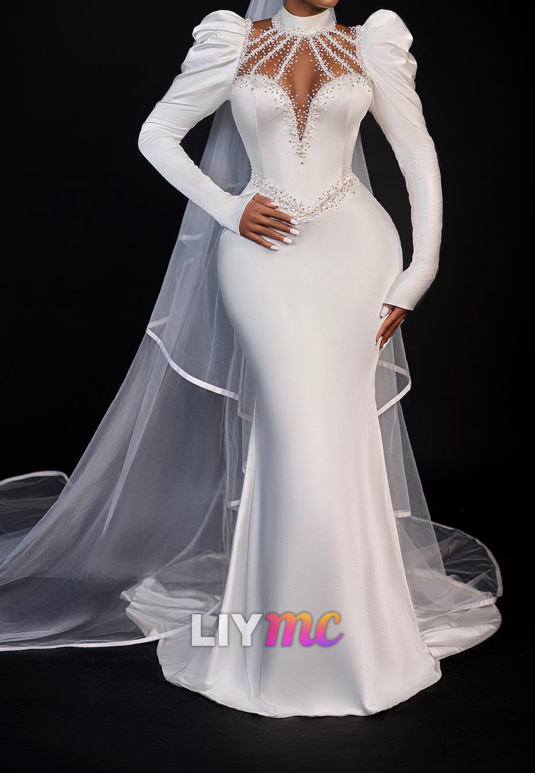 Beaded High Neck Puff Sleeve Mermaid Wedding Dress