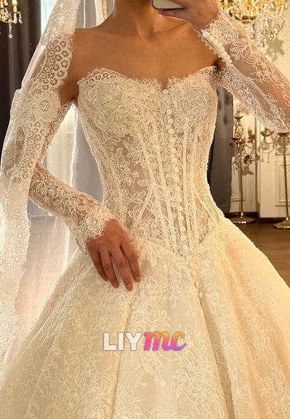 Off-Shoulder Lace Corset Ball Gown Wedding Dress