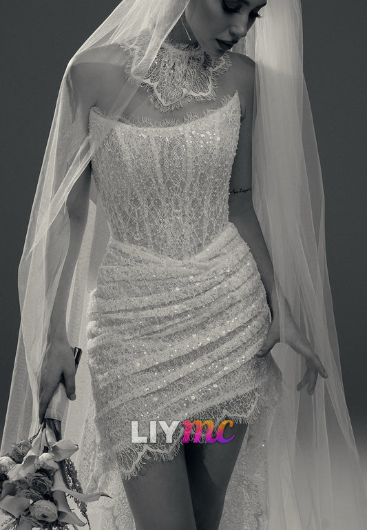 Strapless Ruched Lace Corset Mini Wedding Dress