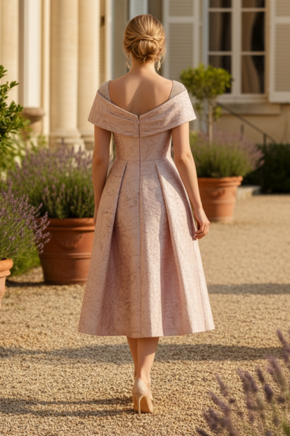 Jacquard Tea-Length Dress with Beaded Straps
