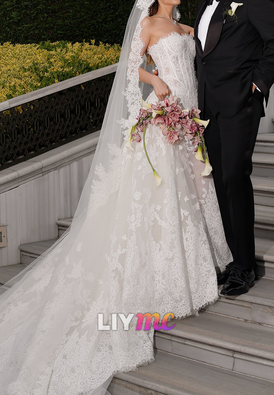 Strapless Lace Wedding Dress with Tulle Overskirt