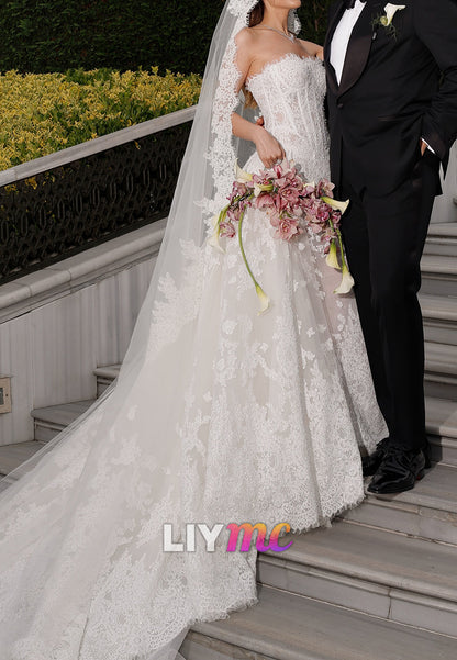 Strapless Lace Wedding Dress with Tulle Overskirt