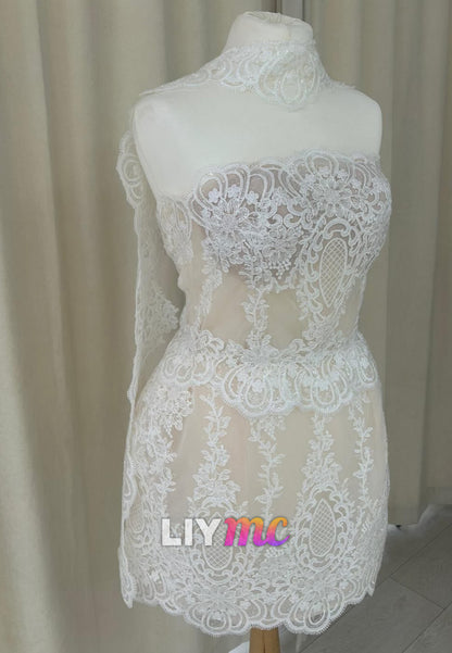 Strapless Lace Mini Wedding Dress with Cape Collar