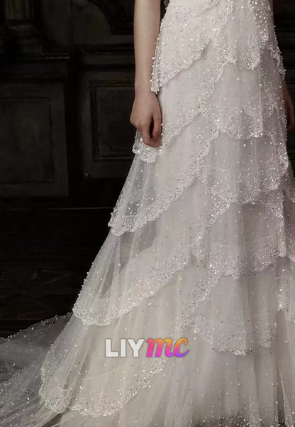 Strapless Tiered Beaded Tulle Wedding Dress