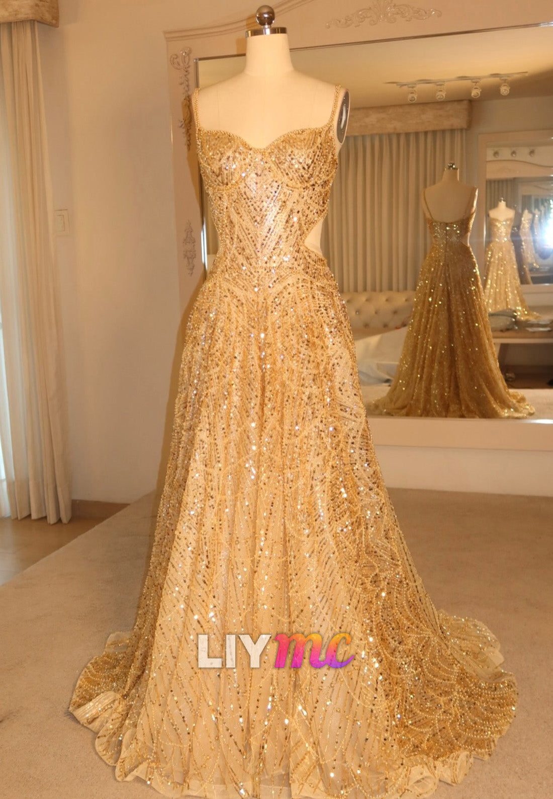 Sequined Cutout A-Line Gown with Train