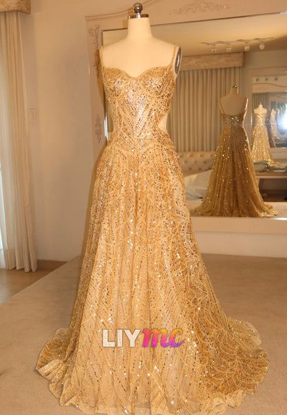 Sequined Cutout A-Line Gown with Train