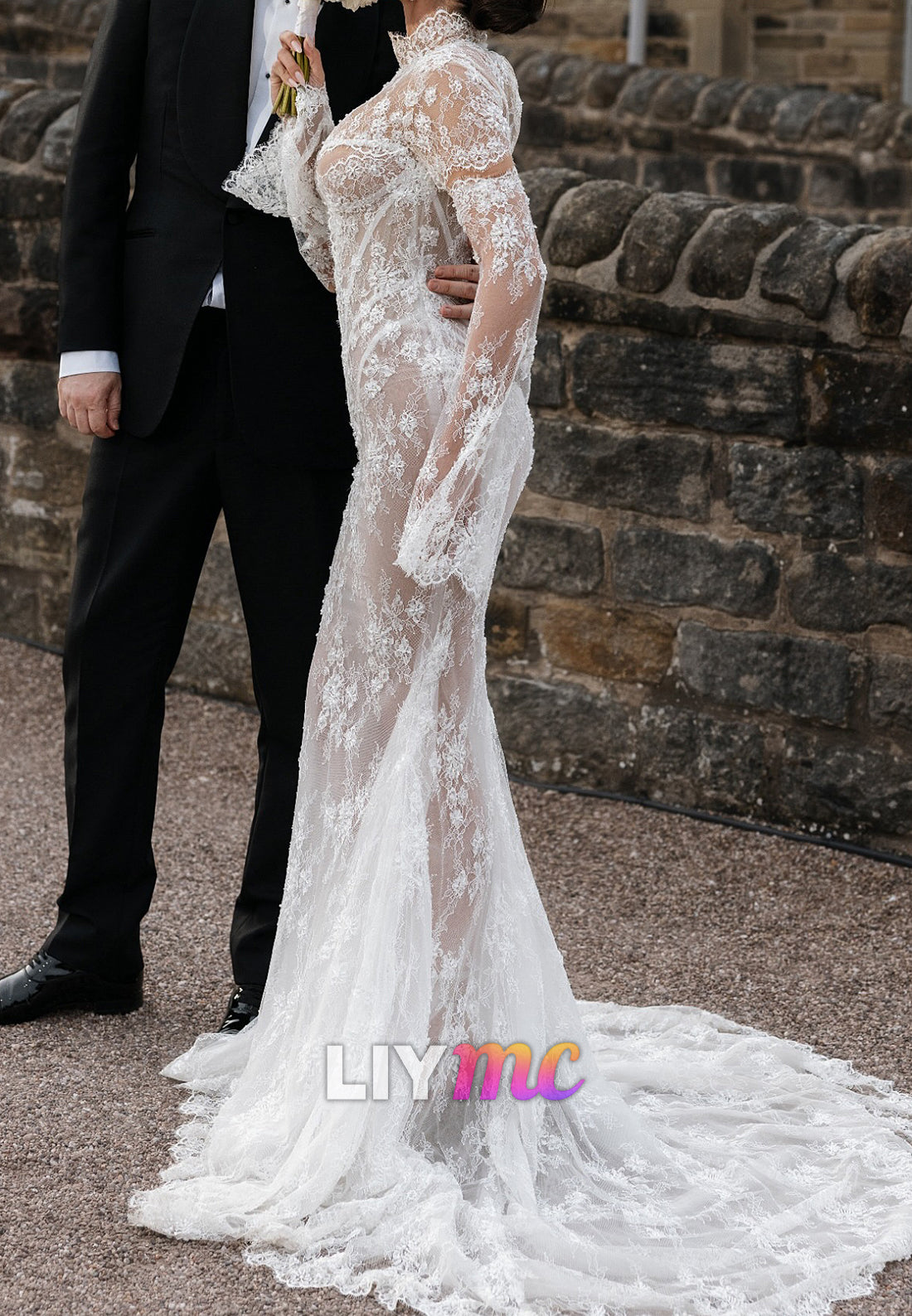 Illusion Lace Long Sleeve Mermaid Wedding Dress with Train
