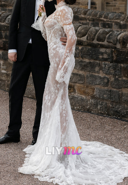 Illusion Lace Long Sleeve Mermaid Wedding Dress with Train