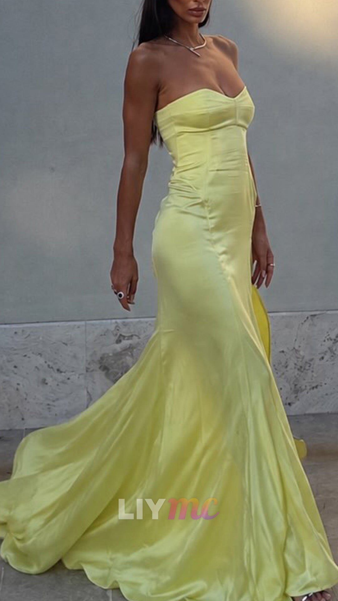 Strapless Satin Gown with High Slit