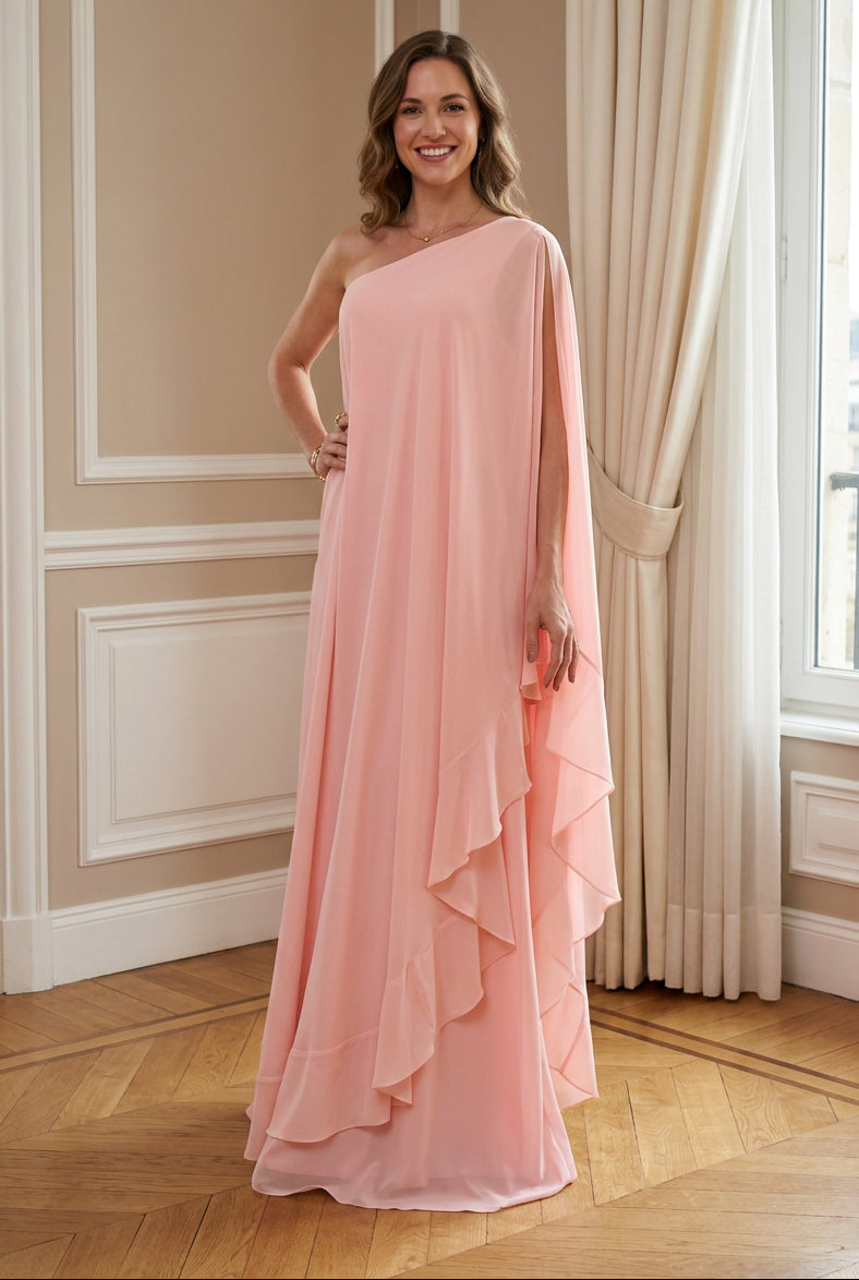 One-Shoulder Cape Sleeve Ruffled Maxi Dress