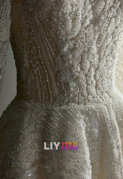 Long Sleeve High Neck Beaded A-Line Wedding Dress