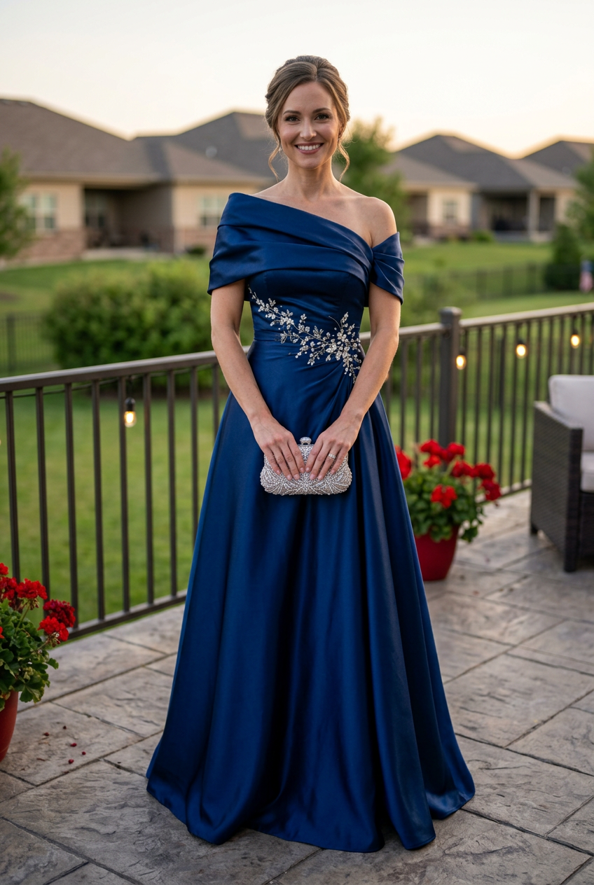 One-Shoulder Satin A-Line Gown with Appliqué