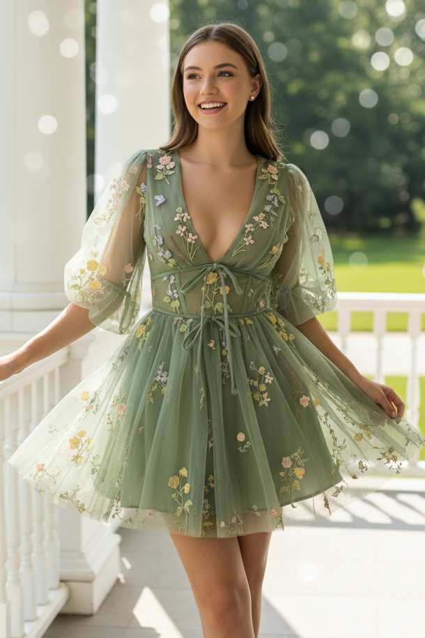 Floral Embroidered Tulle A-Line Mini Dress