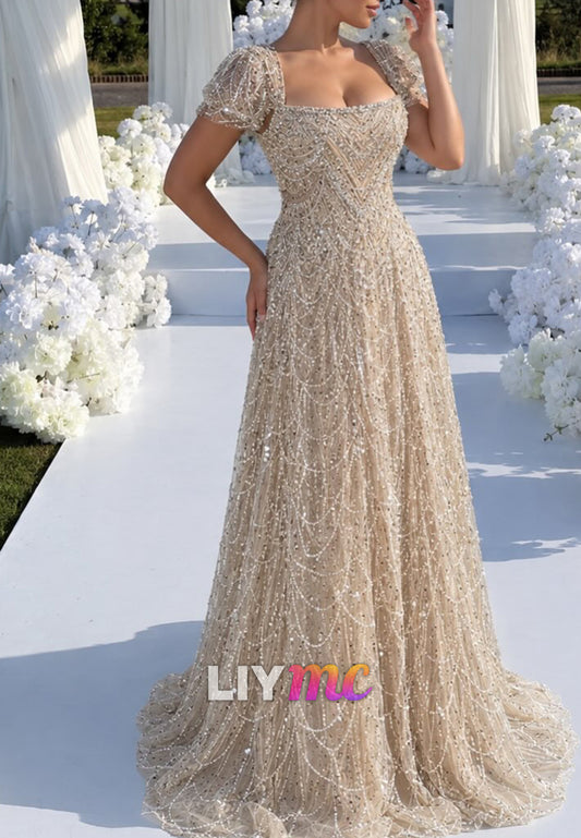 Beaded Square Neck Evening Gown with Cap Sleeves