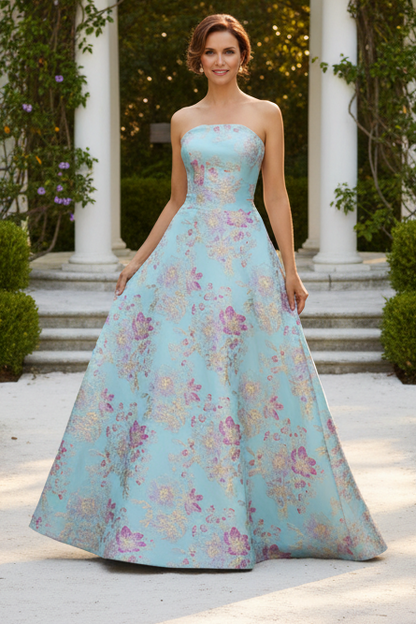 Strapless Floral Jacquard A-Line Evening Gown