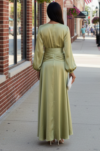 Elegant Satin Long Sleeve Wrap Maxi Dress