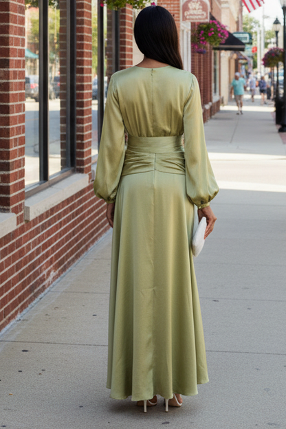 Elegant Satin Long Sleeve Wrap Maxi Dress