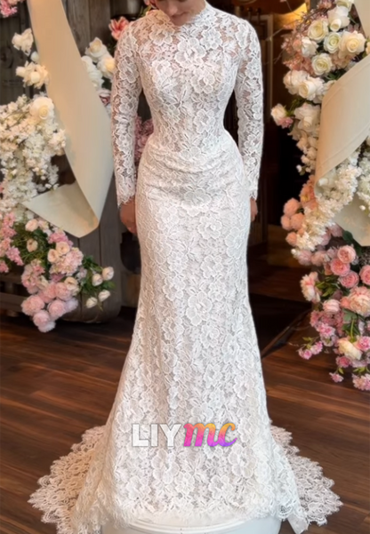 High Neck Long Sleeve Lace Mermaid Wedding Dress