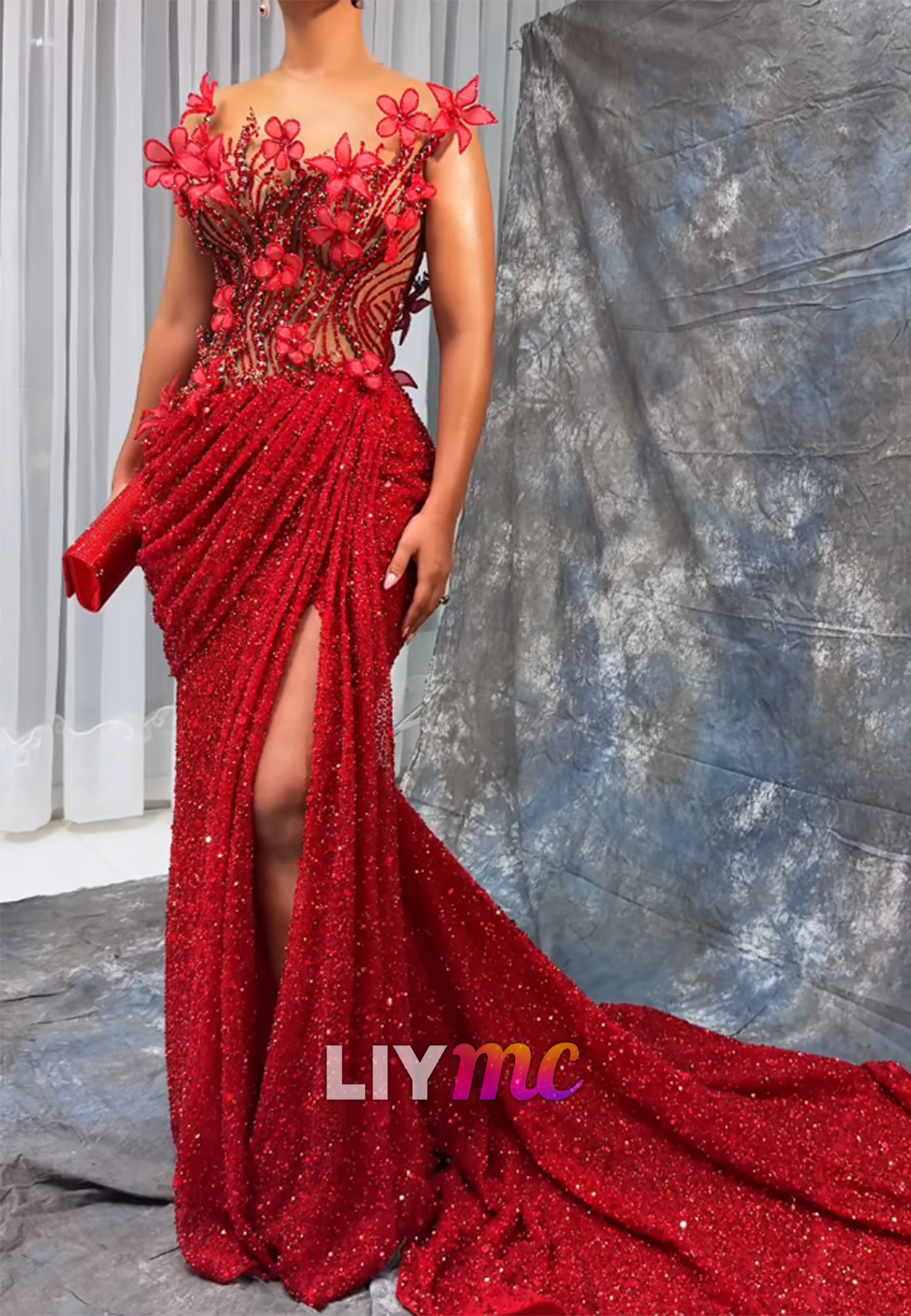 3D Floral Sequin Evening Gown with Slit