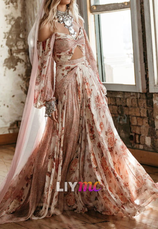 Floral Off-Shoulder Chiffon Wedding Dress