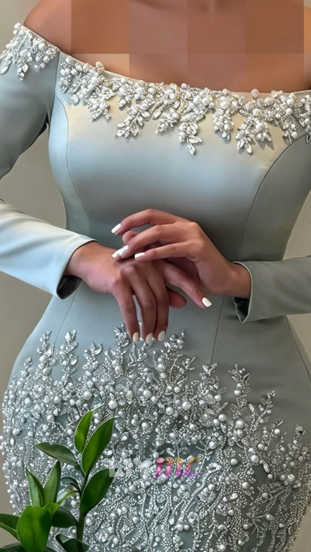 Beaded Off-the-Shoulder Long Sleeve Mermaid Gown