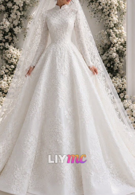 High Neck Long Sleeve Lace Ball Gown Wedding Dress