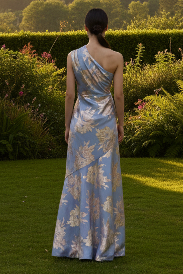 One-Shoulder Metallic Floral Jacquard Gown