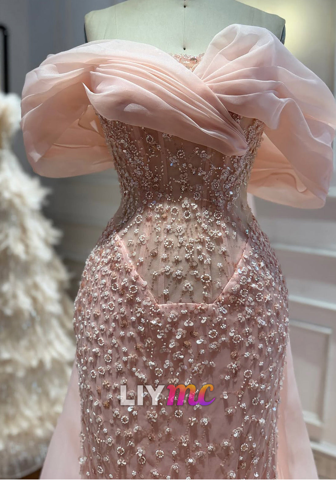 Beaded Off-the-Shoulder Gown with Train