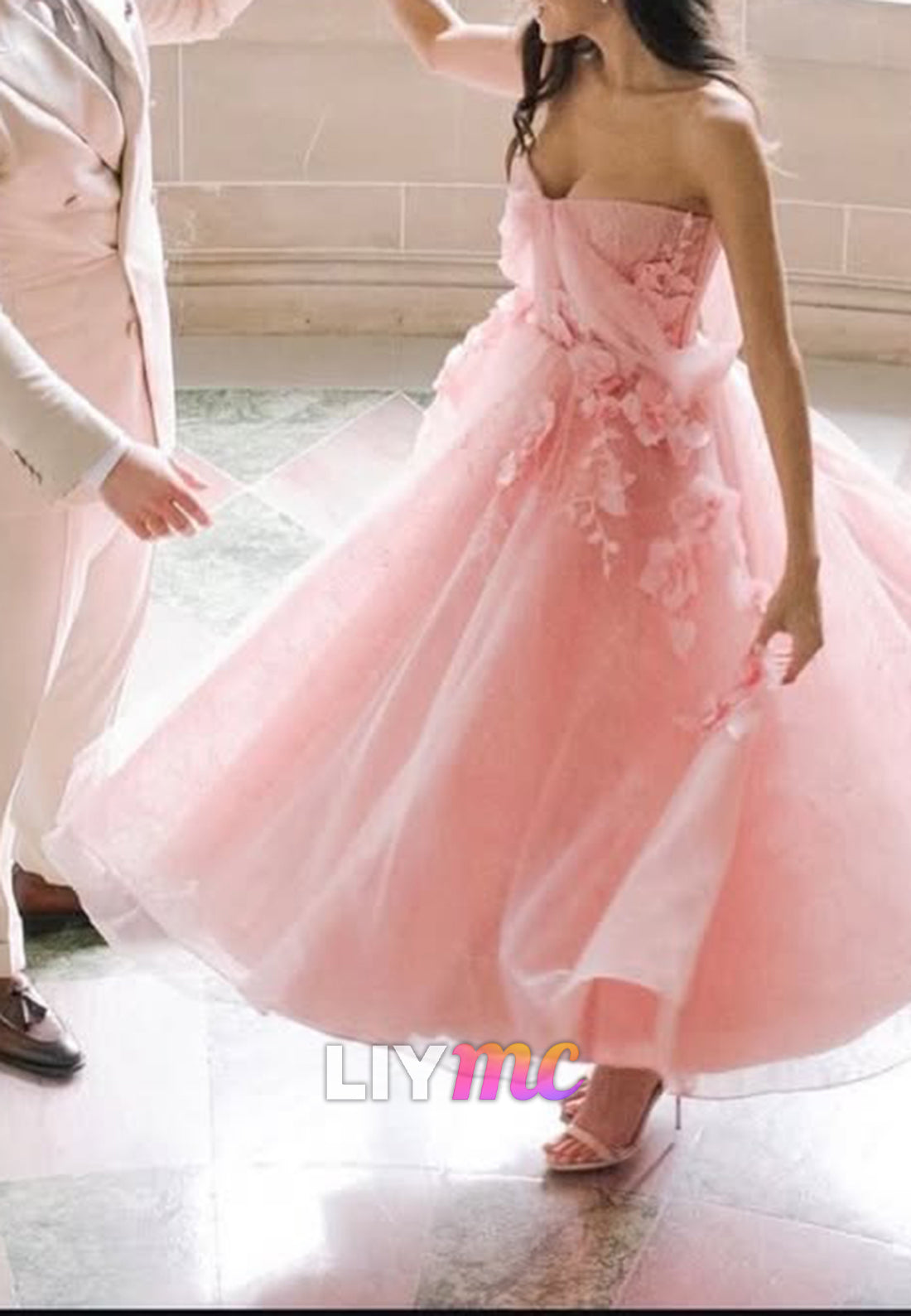 Tea-Length Tulle Ball Gown with 3D Floral Appliques
