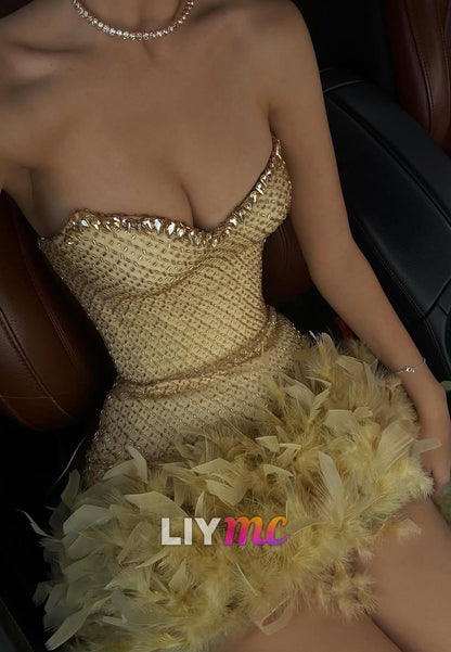 Strapless Beaded Corset Feather Mini Dress