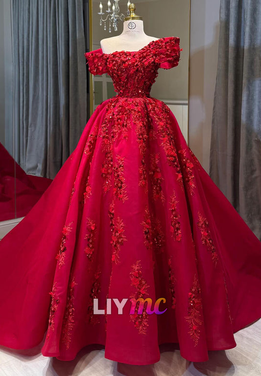 Off-the-Shoulder 3D Floral Ball Gown Evening Dress