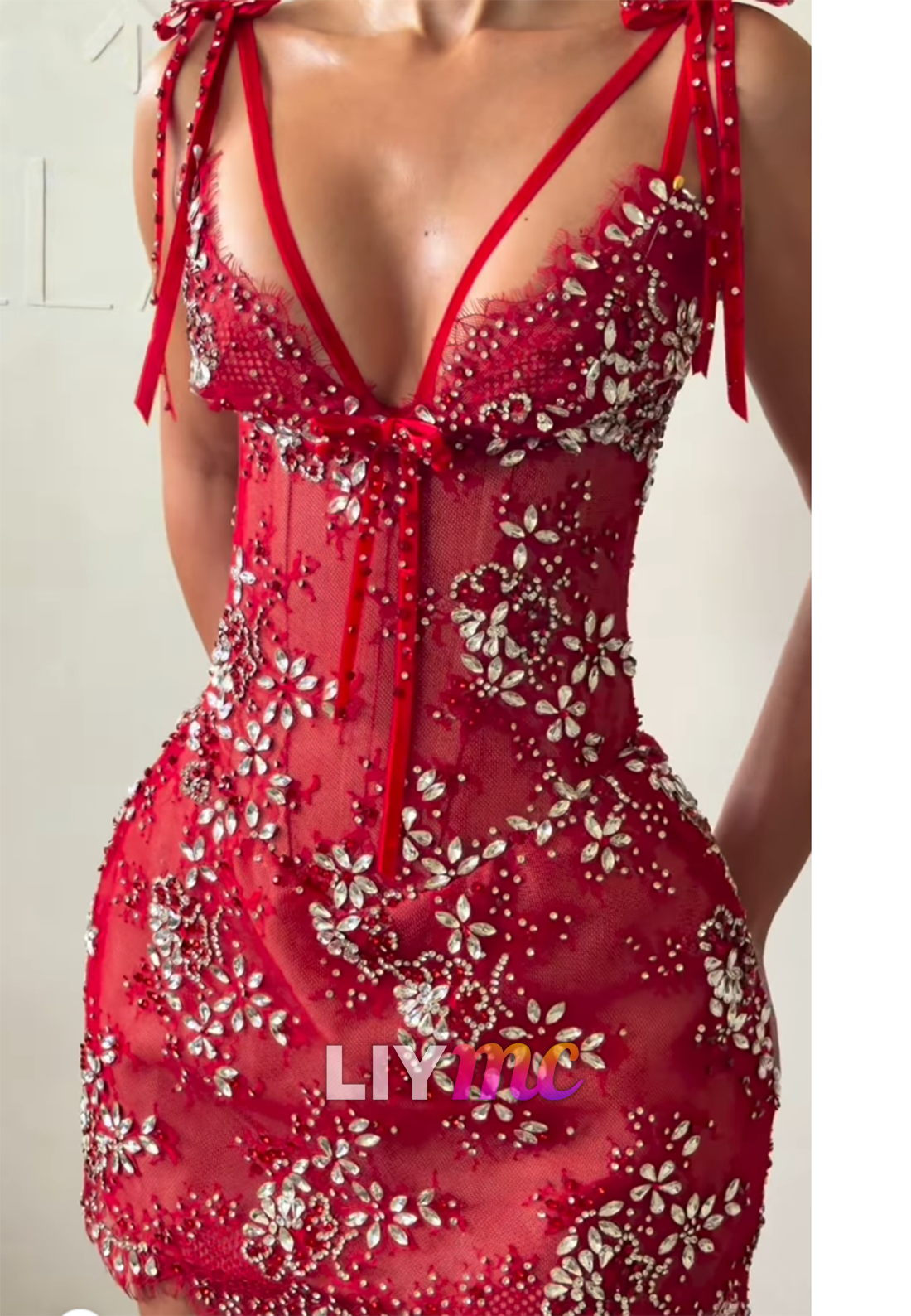 Crystal Floral Mermaid Gown with Tie Shoulder Straps
