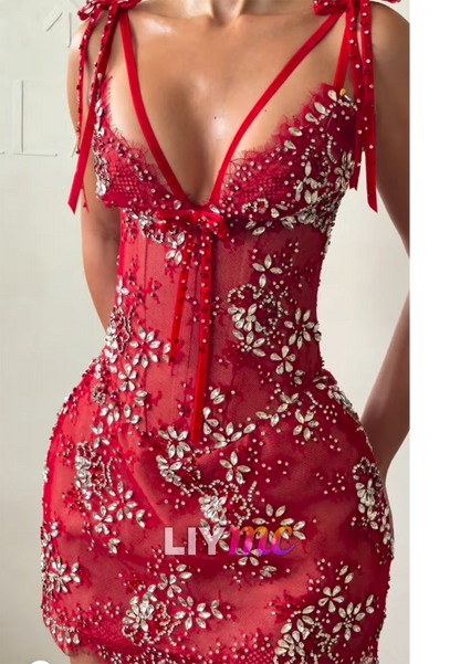 Crystal Floral Mermaid Gown with Tie Shoulder Straps