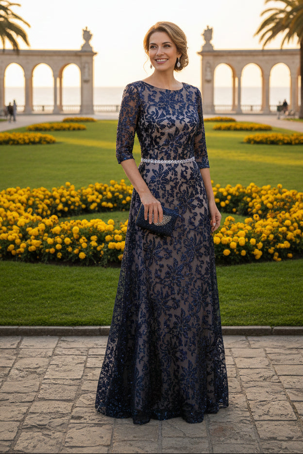 Floral Lace A-Line Evening Gown with 3/4 Sleeves