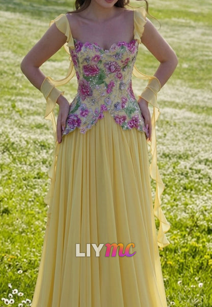 Floral Embroidered Corset Chiffon Formal Gown