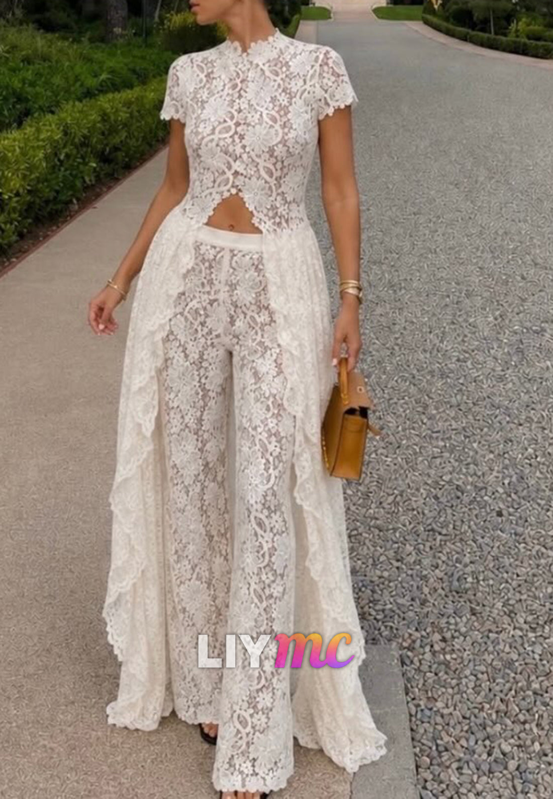 Sheer Lace Cutout Top and Wide-Leg Pants Set