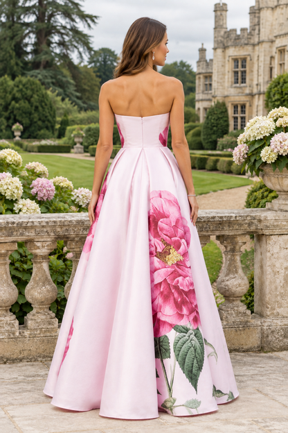 Strapless Floral Print A-Line Ball Gown