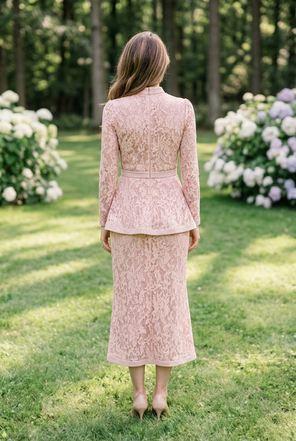 High Neck Lace Peplum Midi Dress with Long Sleeves
