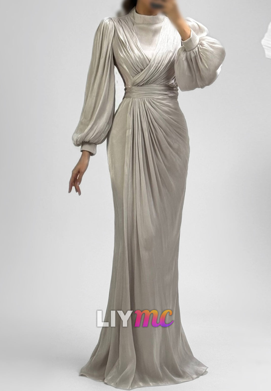 High Neck Pleated Bishop Sleeve Evening Gown