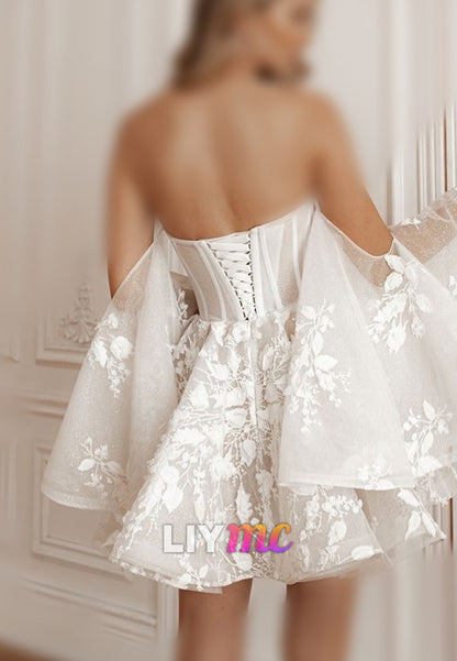Strapless Floral Lace Mini Dress with Sheer Sleeve Drapes