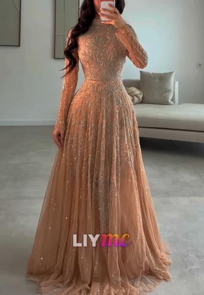 Elegant High-Neck Beaded Tulle A-Line Evening Dress