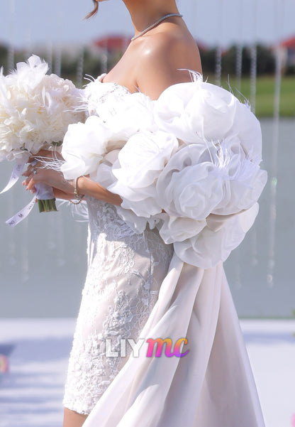 Strapless Lace Mini Wedding Dress with Detachable Train
