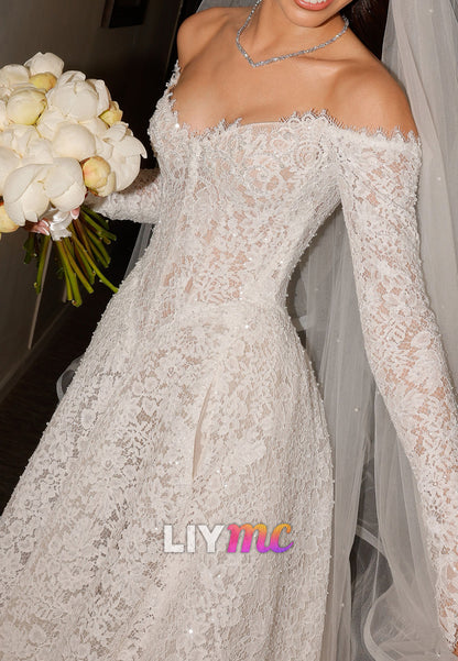 Off-the-Shoulder Lace Long Sleeve A-Line Wedding Dress