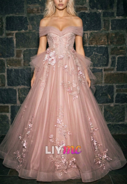Floral Applique Off-Shoulder Tulle Ball Gown