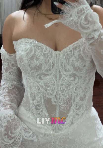 Off Shoulder Lace Mermaid Wedding Dress with Long Sleeves