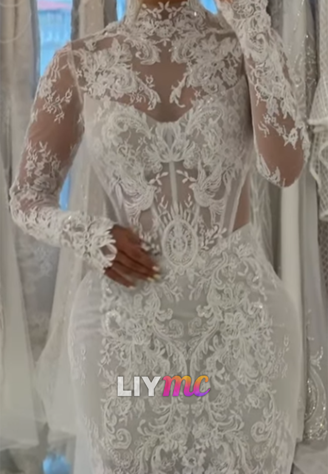 High-Neck Lace Mermaid Wedding Dress with Sleeves