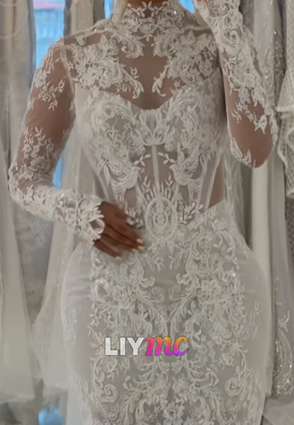 High-Neck Lace Mermaid Wedding Dress with Sleeves