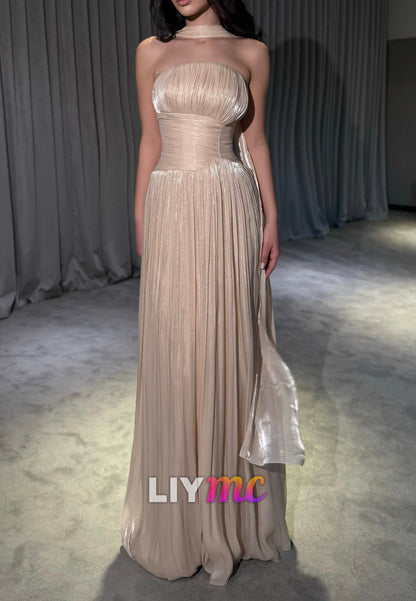 Strapless Pleated Metallic Maxi Dress with Neck Scarf