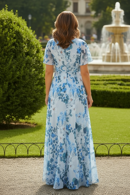 Ruched V-Neck Floral Chiffon Maxi Dress
