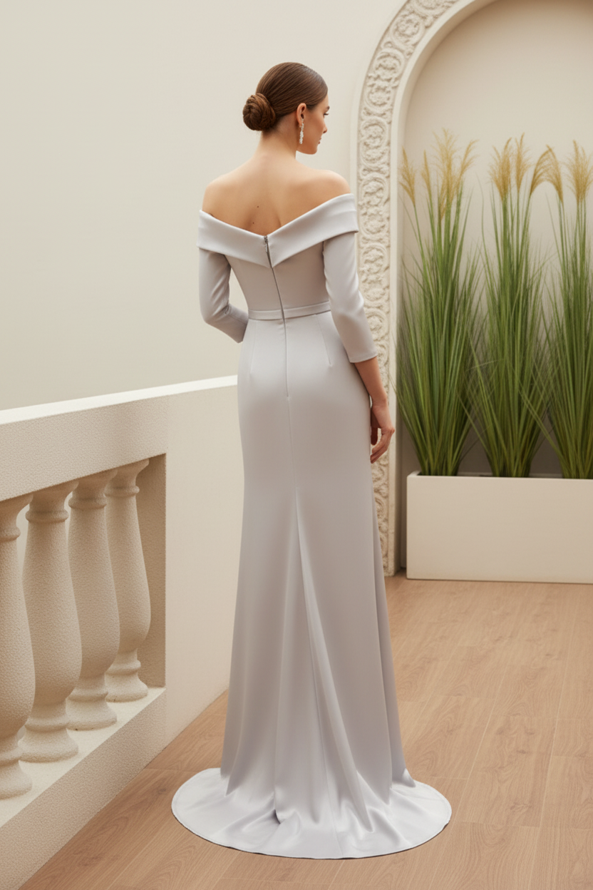 Off-Shoulder Pleated Gown with High Slit